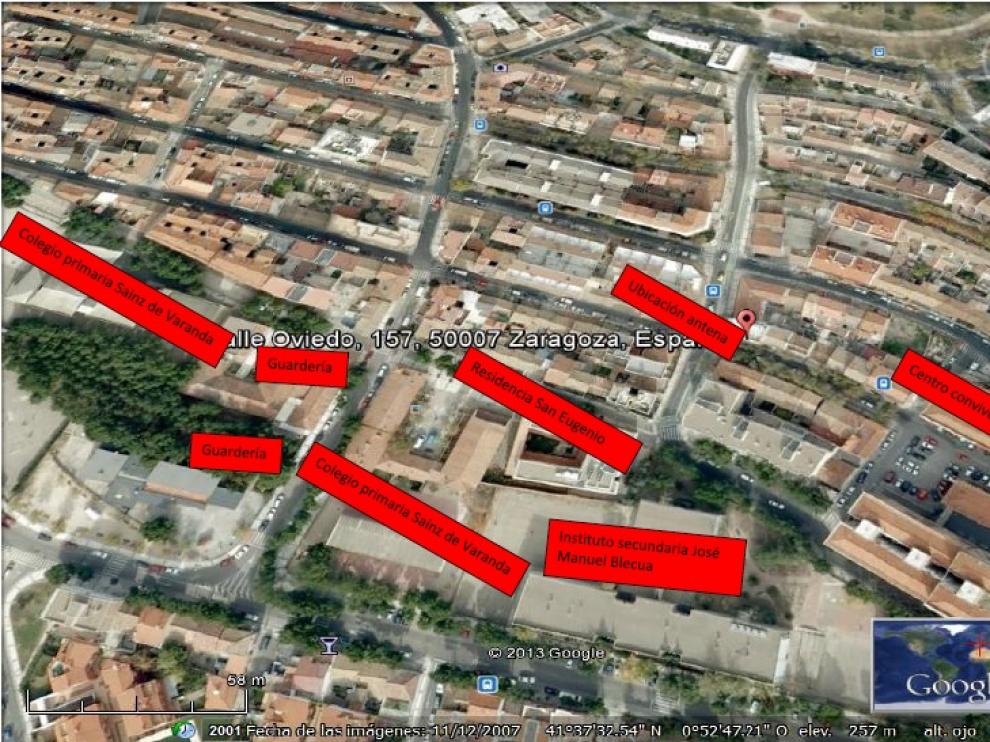 Mapa elaborado por los vecinos de La Paz sobre edificios cercanos a la antena