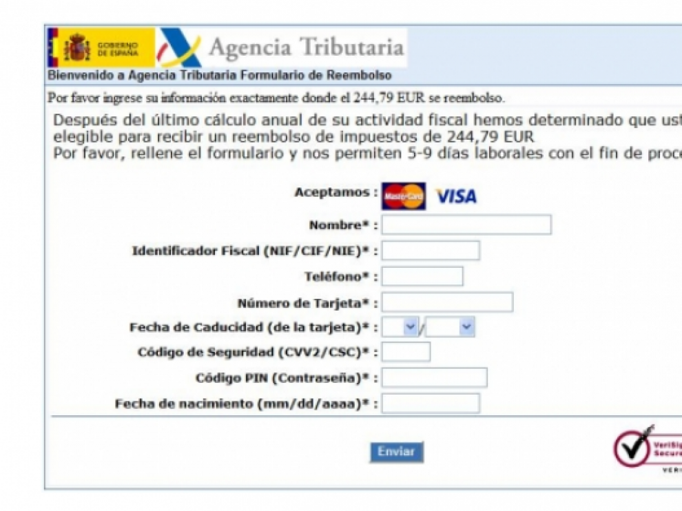 Mensaje fraudulento 'enviado' por Hacienda