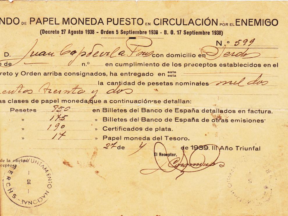 Un recibo de 1938 pendiente de devolución