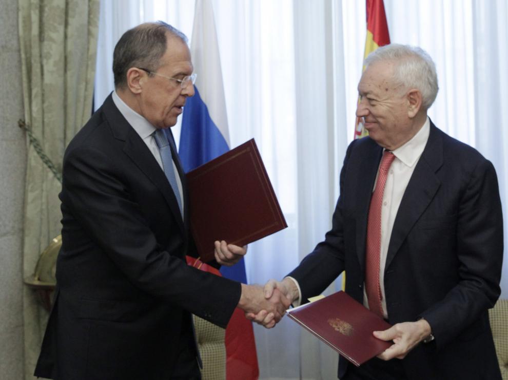 Margallo (drcha.) y Lavrov, este miércoles en Madrid