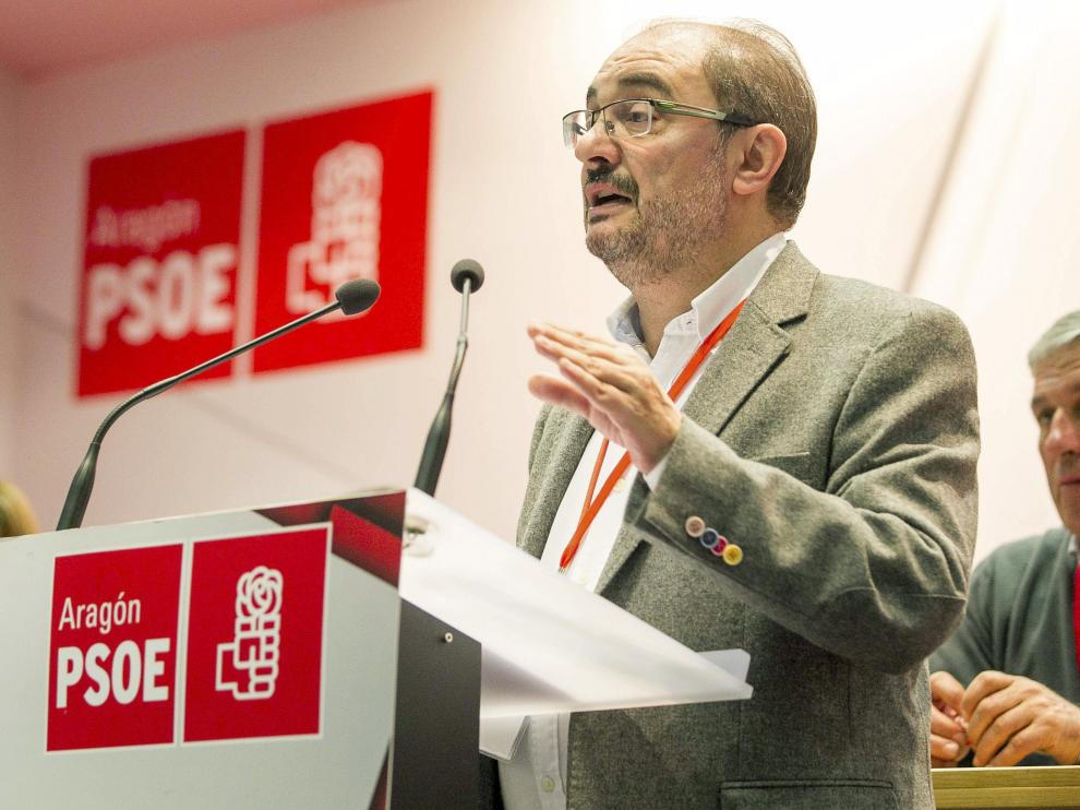 Lambán en su rueda de prensa tras ser proclamado candidato