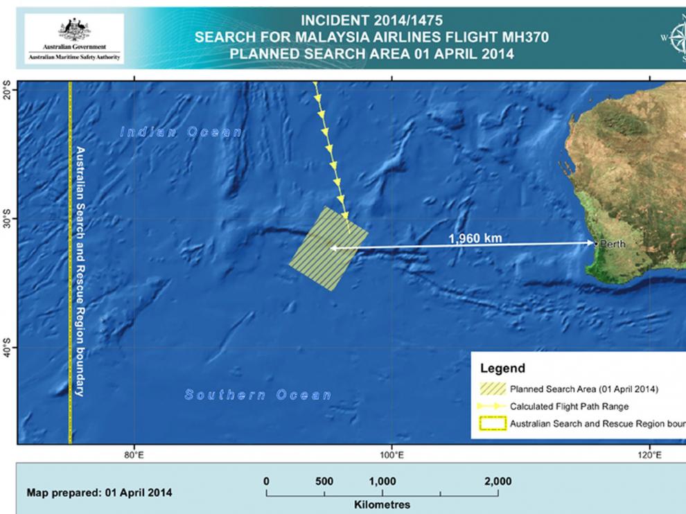 Área en el Océano Índico, al oeste de Australia, donde prosigue la búsqueda