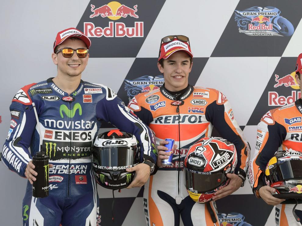 Márquez, en el centro, con Lorenzo y Pedrosa
