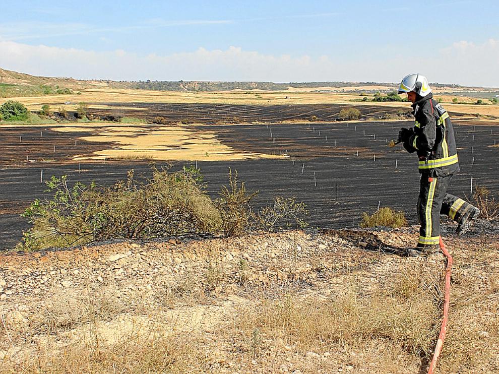 Un bombero refresca los campos ya quemados.