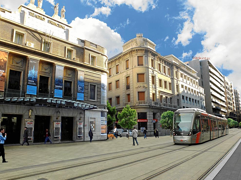 Recreación del paso del tranvía por el Coso Bajo, frente al Teatro Principal.