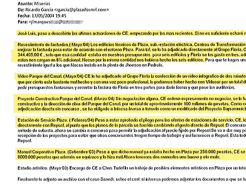 El exgerente de Plaza enumera hasta siete posibles apaños. Ricardo García Becerril deja entrever en este correo que dispone de una carpeta en la que guarda información de las supuestas irregularidades cometidas por Carlos Esco.