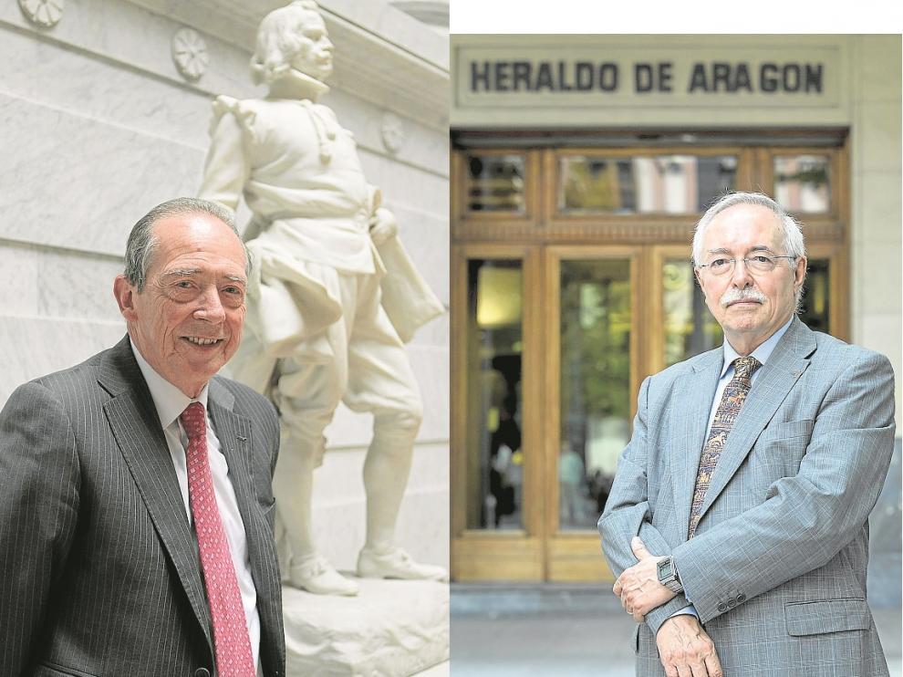 José Manuel Blecua, director de la RAE; y Guillermo Fatás, en la sede del Heraldo.
