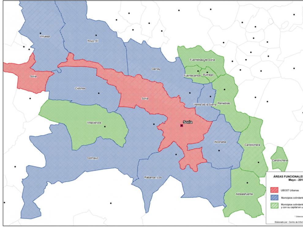 Mapa que mostraba cómo inicialmente Vinuesa se encontraba en el mismo área funcional que Soria