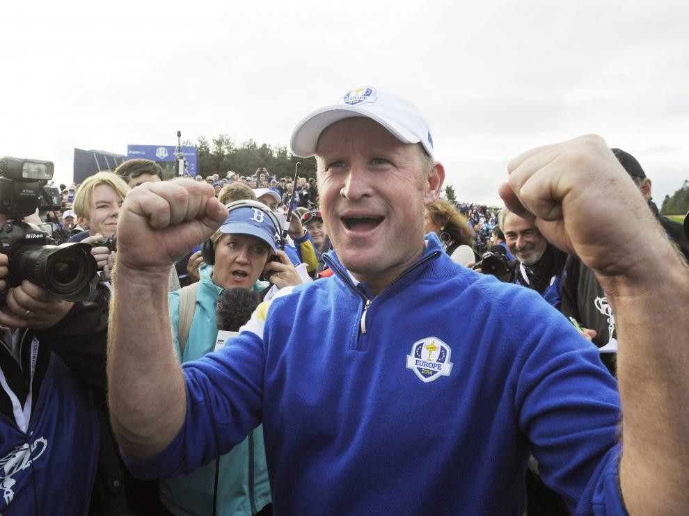 El golfista Jamie Donaldson celebra el triunfo europeo