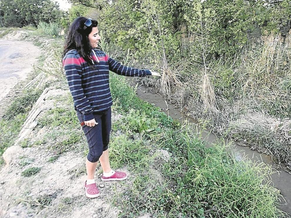Mª Carmen Ferrer muestra la acequia donde estaba el anciano.