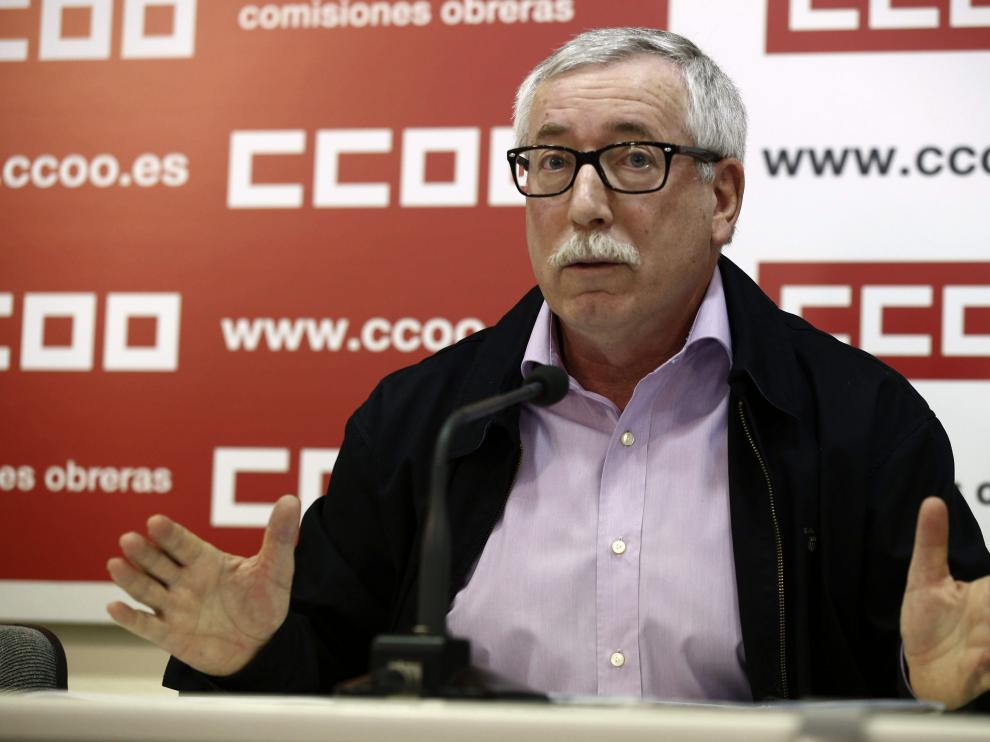 El secretario general de CC.OO., Ignacio Fernández Toxo, durante la rueda de prensa