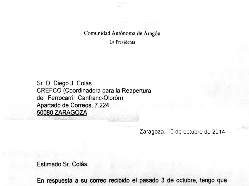 Una carta de la presidenta aragonesa a Crefco.