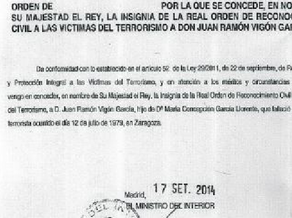 Documento oficial del Ministerio del Interior de septiembre pasado.