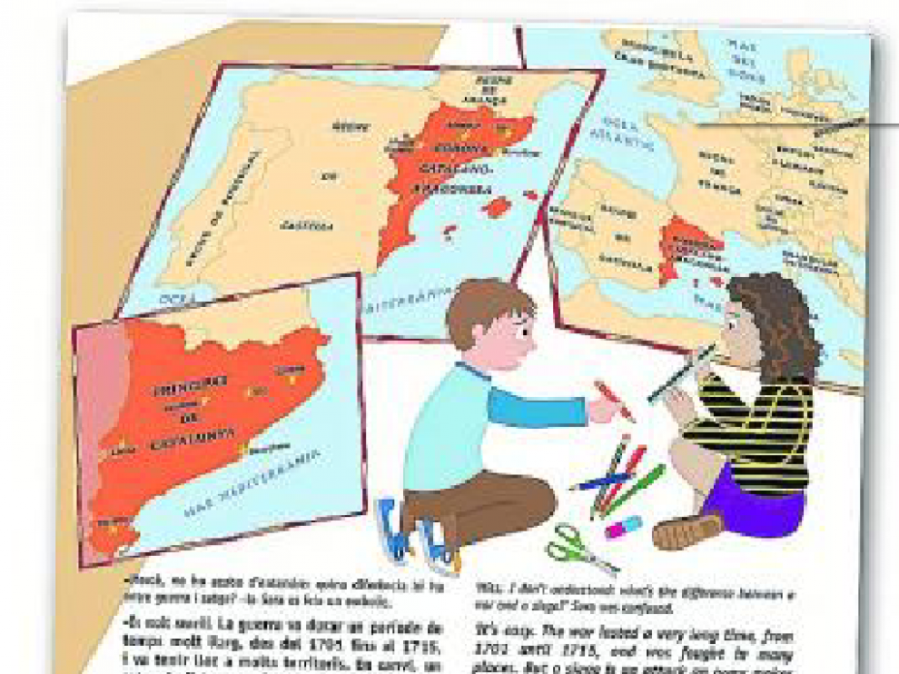 Mapas a la medida del nacionalismo catalán. El cuento incluye una serie de mapas en los que se muestran los territorios de la Corona de Aragón a la que se llama «Corona Catalanoaragonesa».
