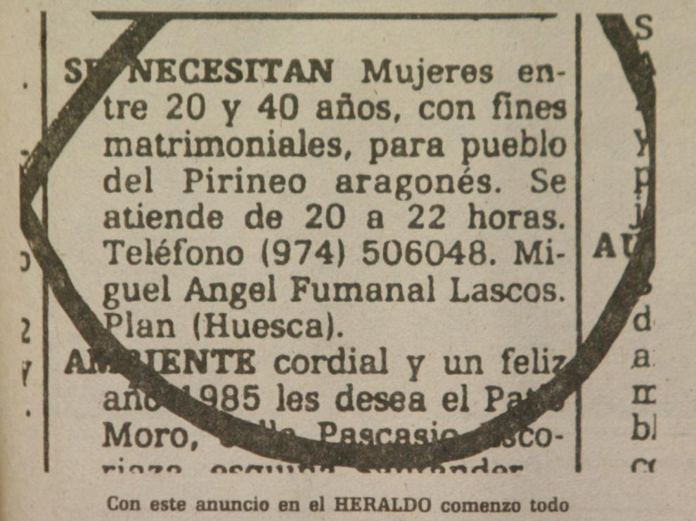 Anuncio publicado en Heraldo de Aragón, en 1985