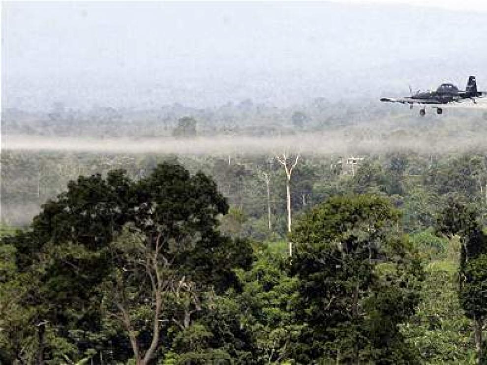 Una avioneta fumiga con glifosato unos campos de cultivo en Colombia