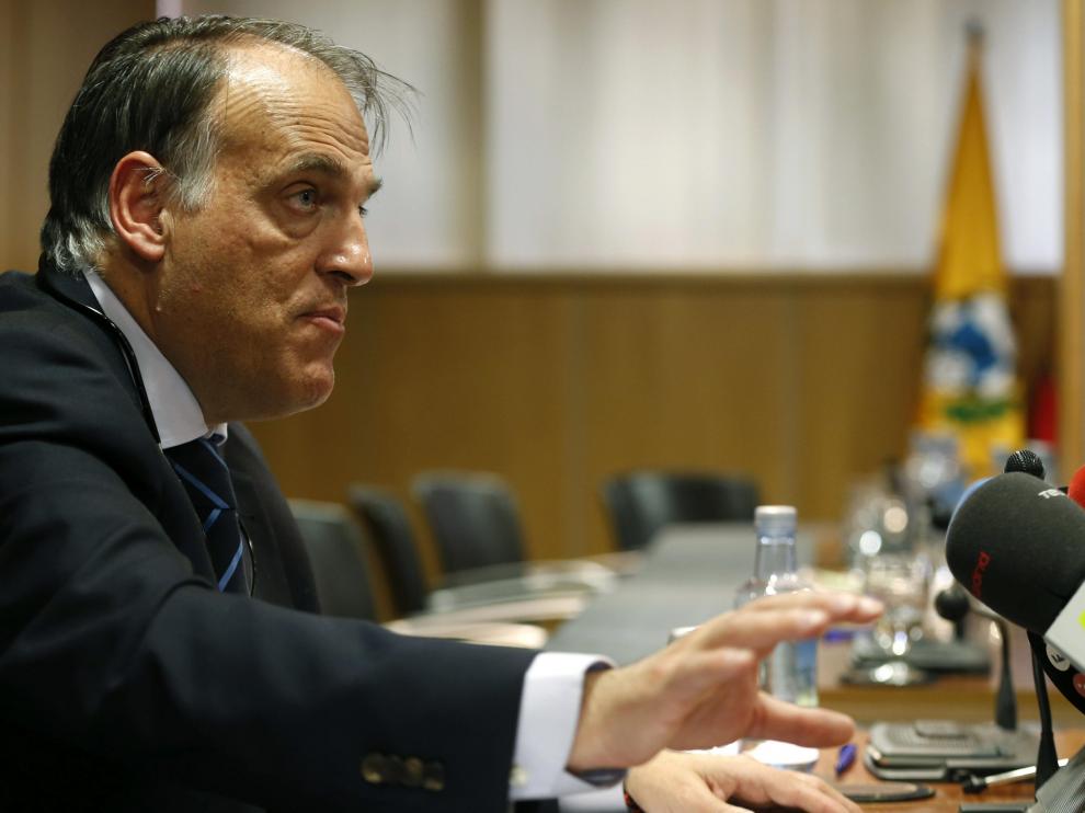 Tebas ha comparecido en rueda de prensa para leer el comunicado acordado durante la Asamblea General Extraordinaria