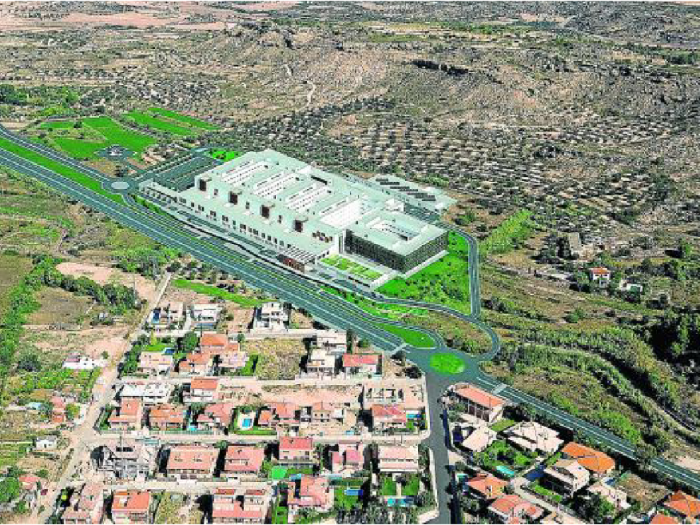 Recreación virtual del futuro hospital de Alcañiz, que se levantará en el paraje Cantagallos.