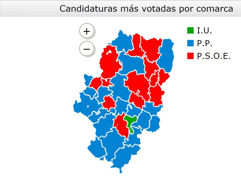 El mapa de los resultados electorales por comarcas, en Aragón.