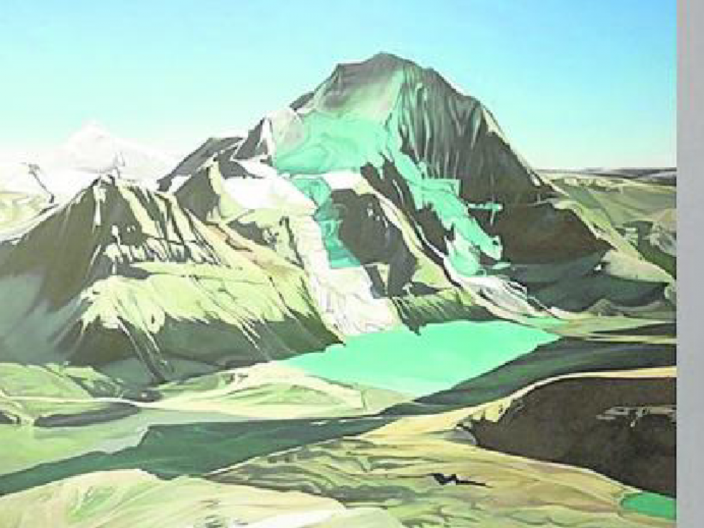 Una de las espectaculares piezas de paisaje del riojano Julio Sarramián. Al lado, una composición de color y geometría de Cristina Silván.