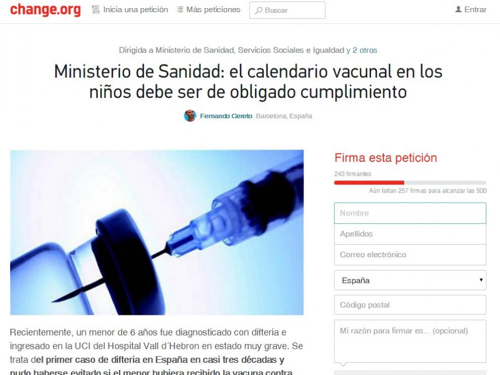 Carta al Ministerio de Sanidad, Servicios Sociales e Igualdad, que recoge la página 'Change.org'.