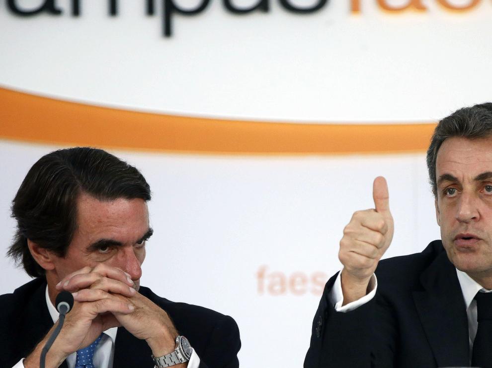 Aznar y Sarkozy, este lunes en la reunión de FAES en Guadarrama (Madrid).