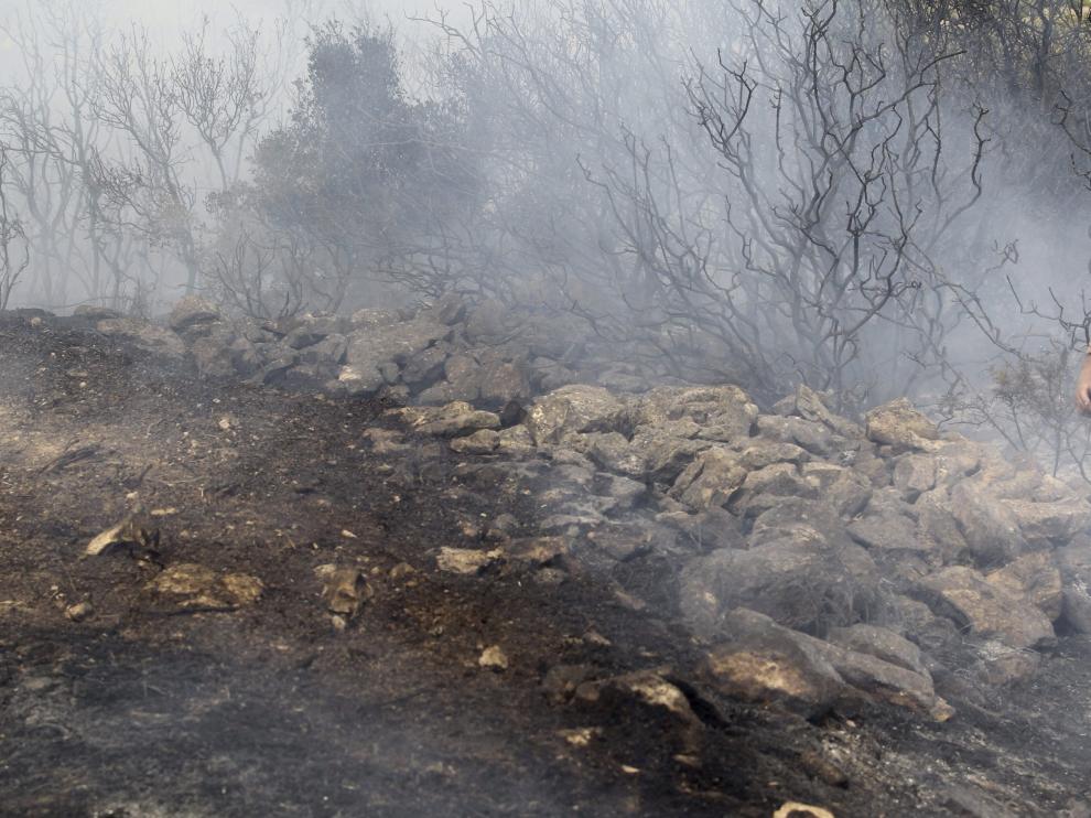 Un hombre camina por los campos calcinados por el incendio.