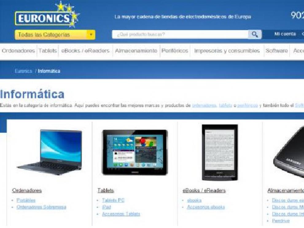 La página web está estructurada por categorías de producto.