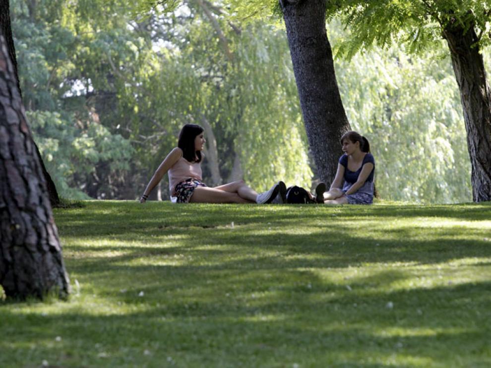 Dos jóvenes se refugian del intenso calor de este mes de julio en el parque de La Dehesa