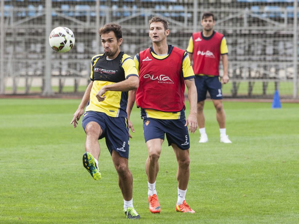 Rubén y Lolo, en un entrenamiento del Real Zaragoza
