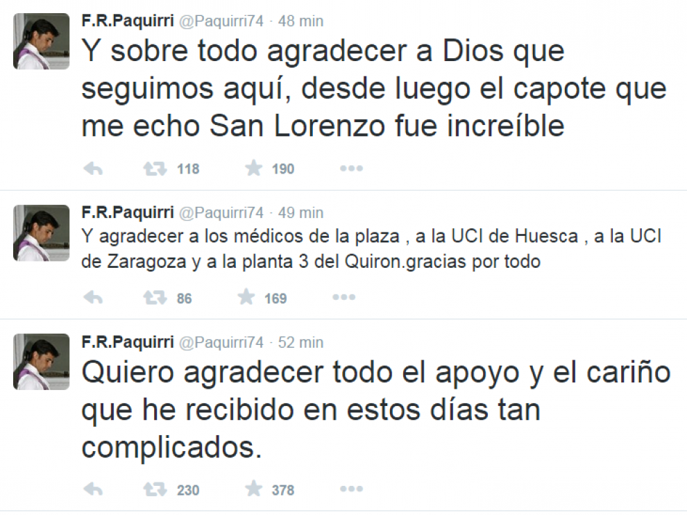 Varios de los 'tweet' de Francisco Rivera desde el Hospital Quirón de Zaragoza.