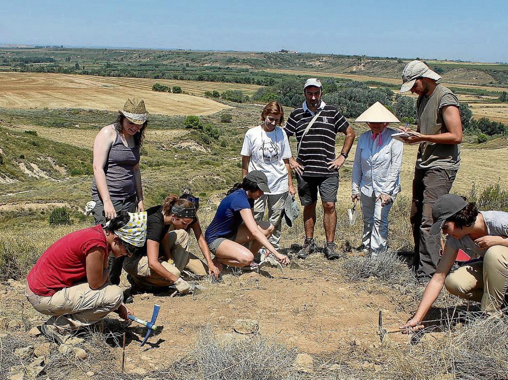 Alumnos y miembros del equipo de investigación en el yacimiento de Valletas, dentro del término municipal de Sena.