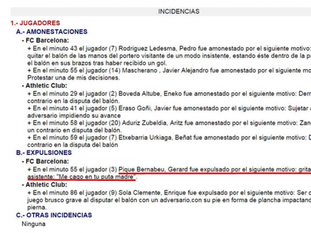 Fragmento del acta arbitral del FC Barcelona - Athletic.