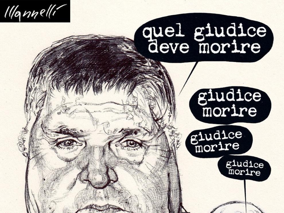 Ilustración de Riccardo Mannelli que forma parte de la muestra 'MC Mafia. Mafia, Camorra e 'Ndrangheta en la historia del cómic'.
