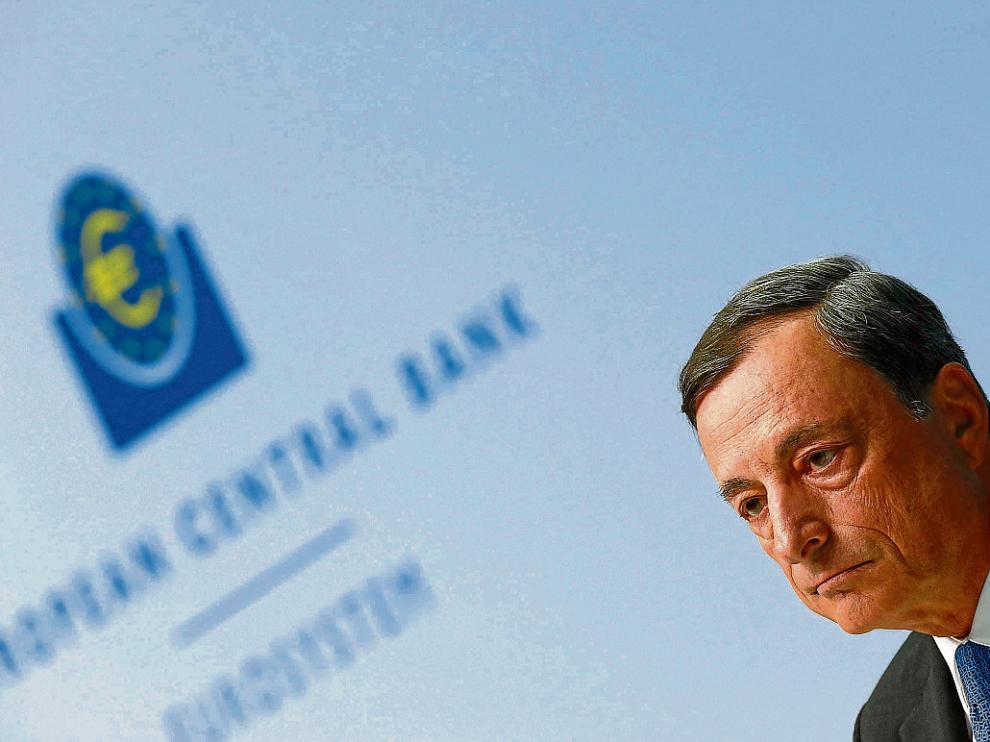 Draghi, durante su intervención ayer en la sede del Banco Central Europeo en Fráncfort.