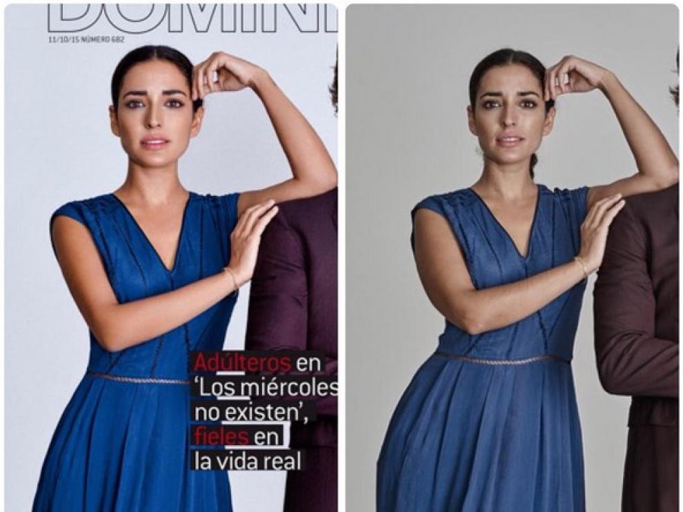 Imágenes con las que Inma Cuesta denunció el retoque.