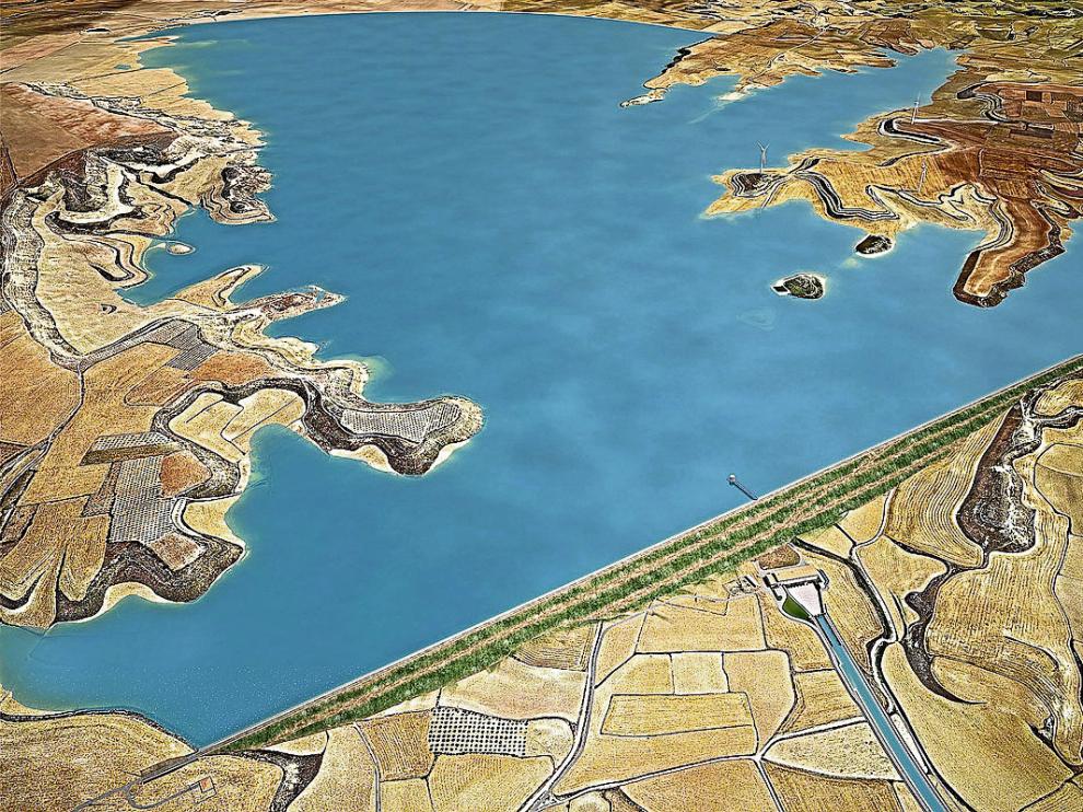 El embalse de Almudévar es una balsa lateral de regulación, es decir, no se construye sobre el río sino en una hondonada que se cierra con dos presas. Se alimentará desde el canal de Monegros a través de un canal de aduccoión.