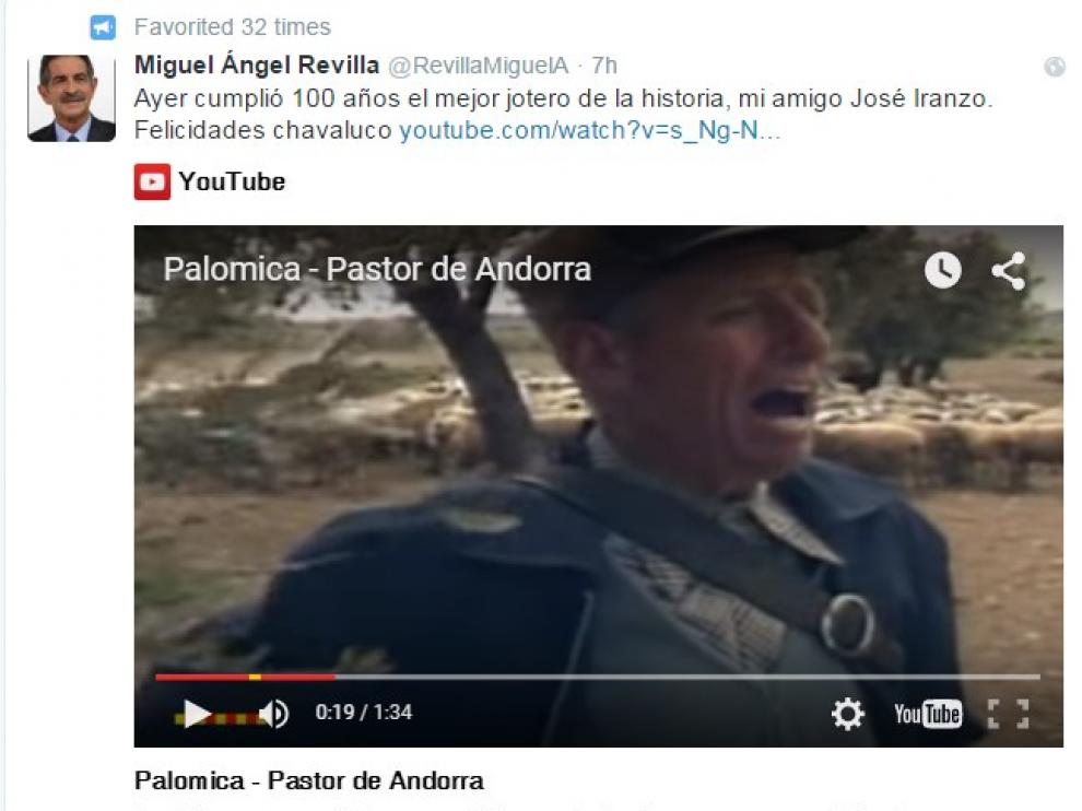 Felicitación de Miguel Ángel Revilla al Pastor de Andorra en Twitter.