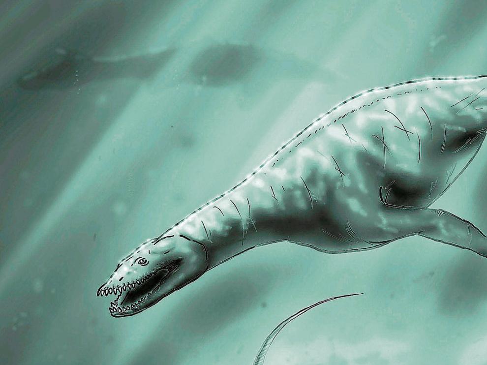 Recreación infográfica del reptil depredador. Encima, una vértebra fosilizada encontrada en el yacimiento de Manzanera.