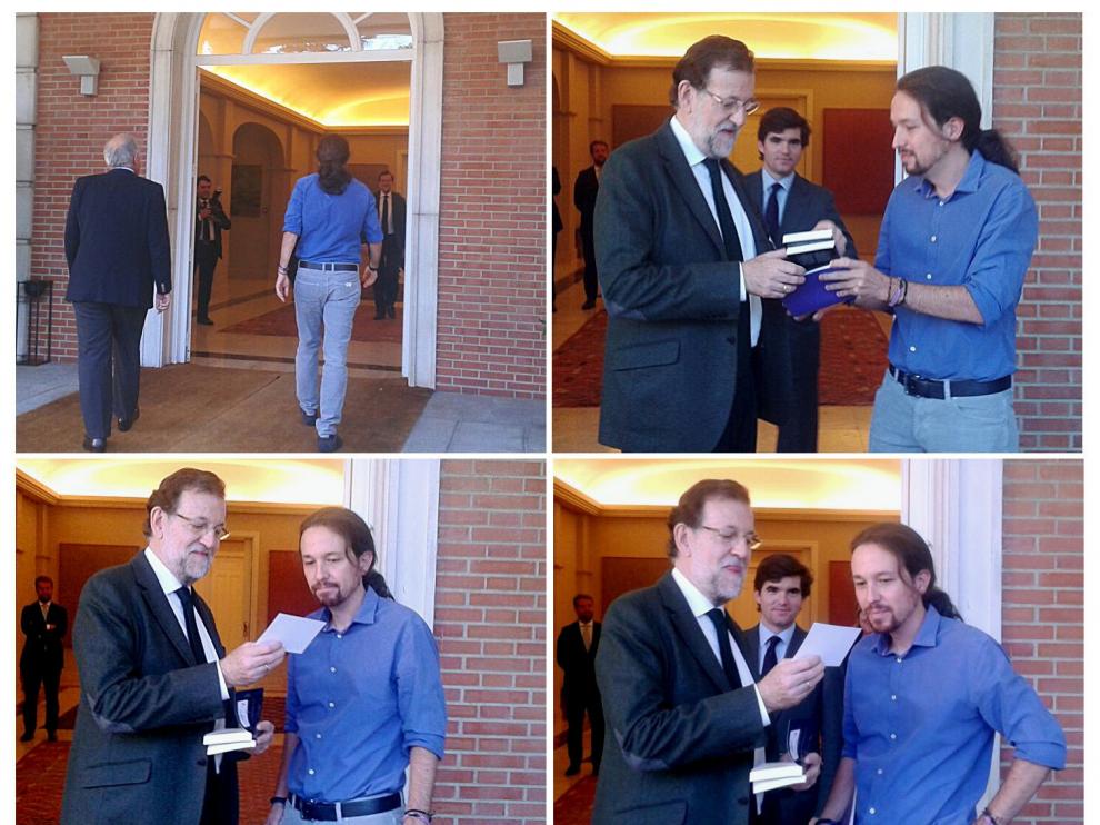 Combo de fotografías facilitadas por Podemos de su líder, Pablo Iglesias (d), entregando al presidente del Gobierno, Mariano Rajoy (i), tres libros, uno de ellos Juan de Mairena, de Antonio Machado