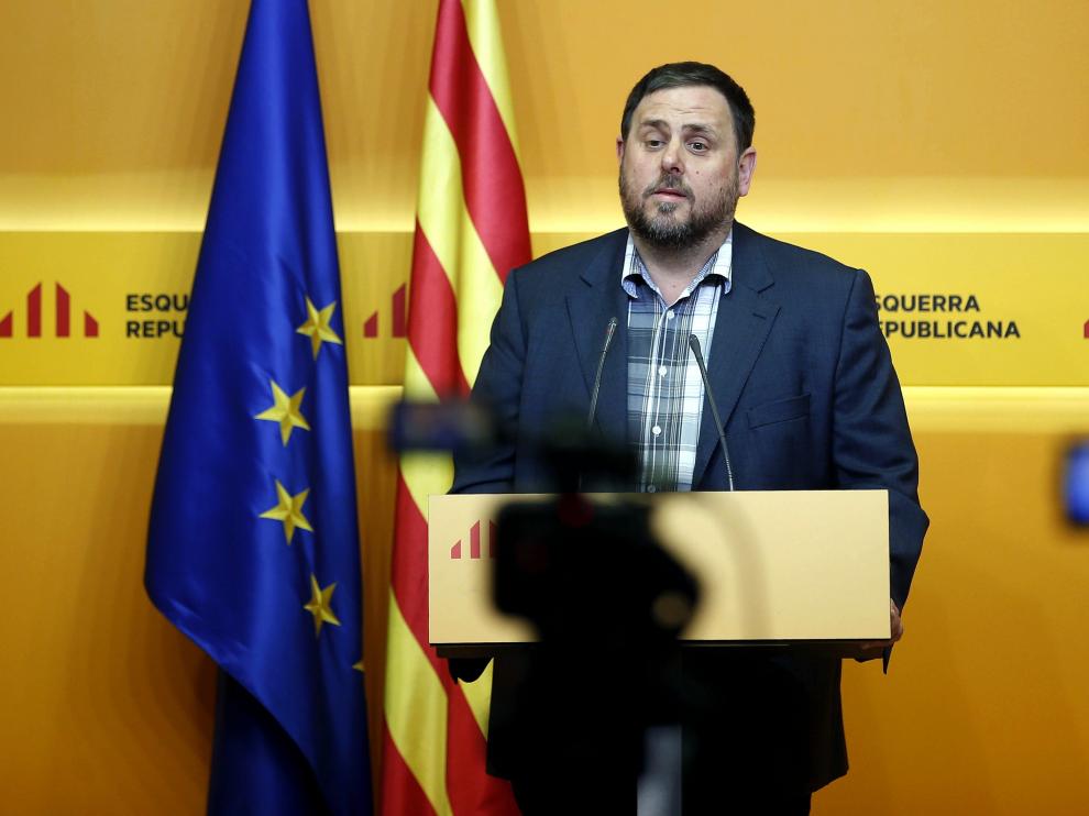 El presidente de ERC, Oriol Junqueras, durante la rueda de prensa.