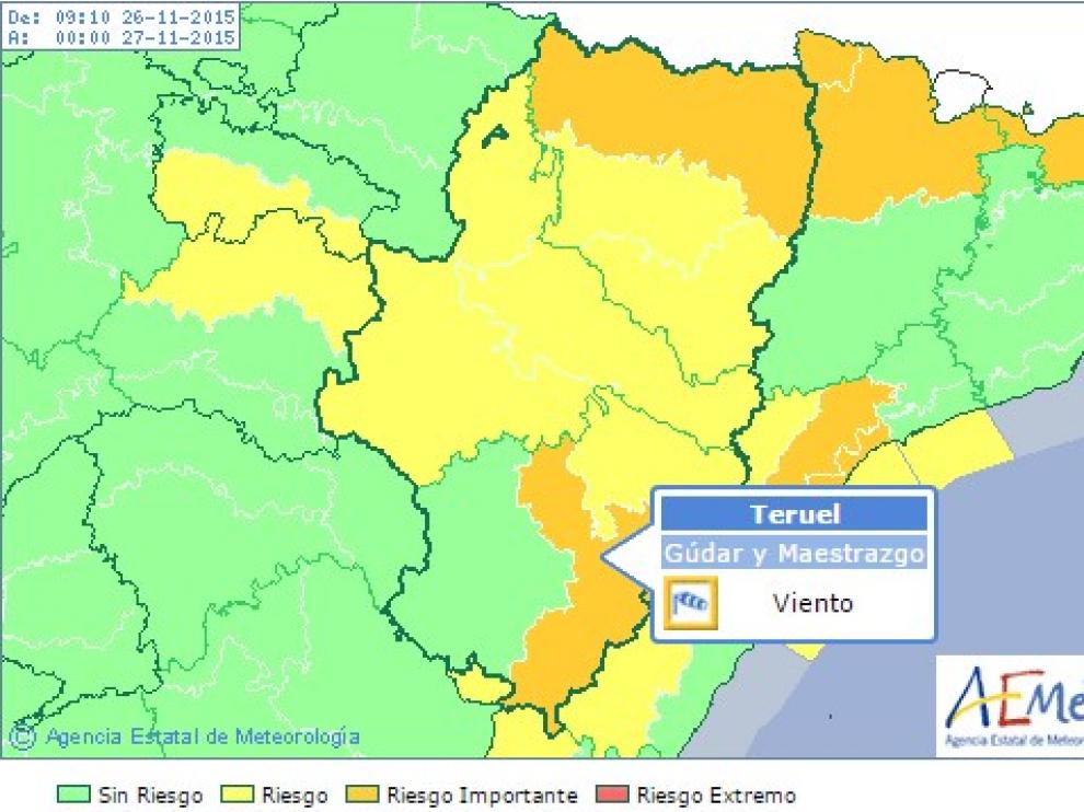 En Gúdar-Maestrazgo y en el Bajo Aragón habrá vientos fuertes de hasta 80 kilómetros por hora.