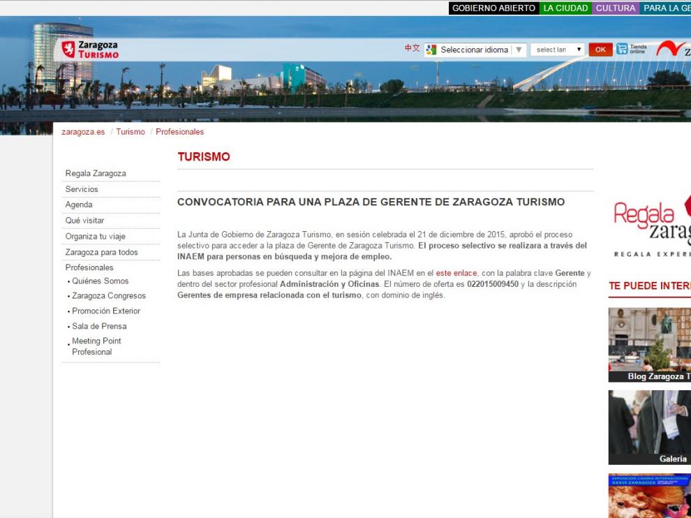 La convocatoria en la web de Zaragoza Turismo.