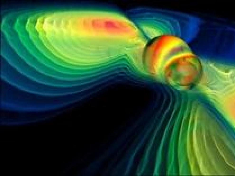 Simulación por ordenador de la emisión de ondas gravitacionales tras la colisión de dos agujeros negros.