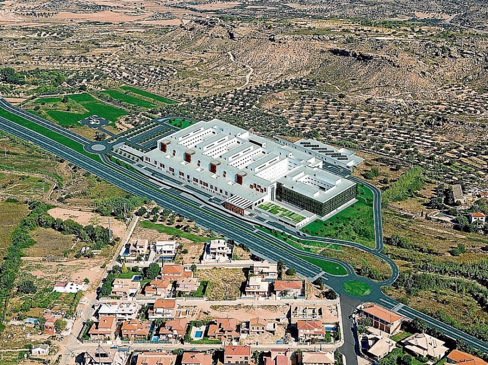El nuevo hospital de Alcañiz en la imagen, la recreación infográfica está previsto en Cantagallos, a las afueras de la ciudad.
