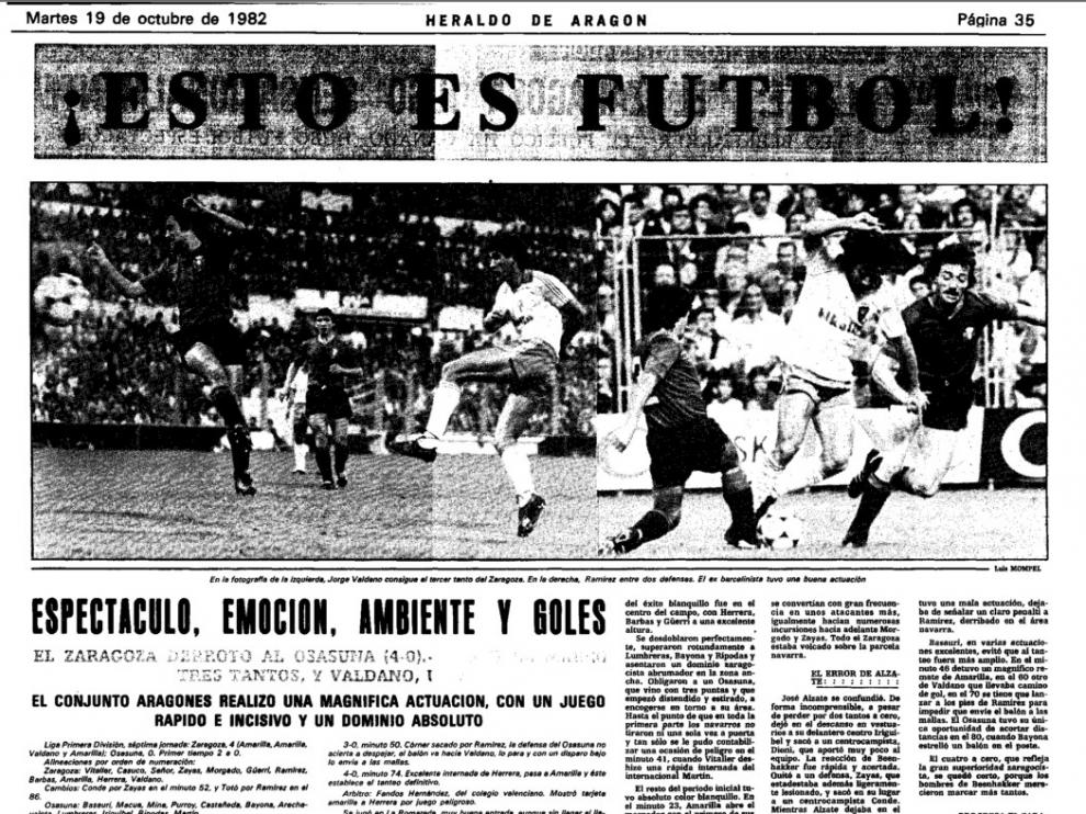 Crónica de HERALDO DE ARAGÓN del partido Real Zaragoza-Osasuna en La Romareda en octubre de 1982. Ganaron los zaragocistas 4-0 en medio de una fiesta entre ambas aficiones.