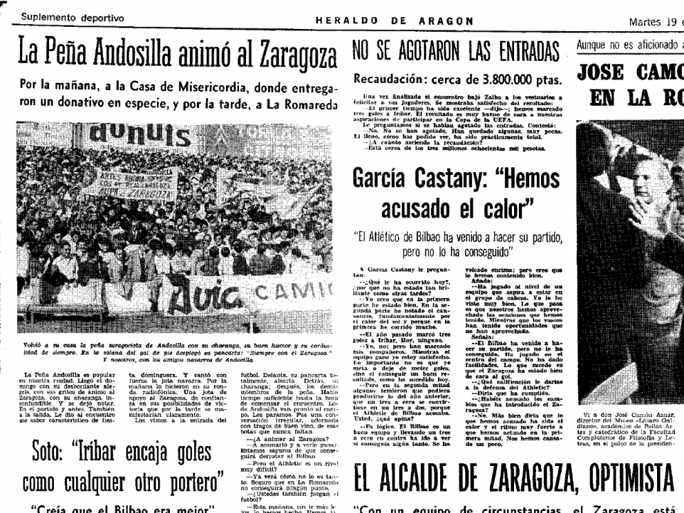 Artículo de Heraldo dedicado a la Peña Zaragocista de Andosilla, en marzo de 1974, tras un Real Zaragoza 3-Athletic de Bilbao 0.