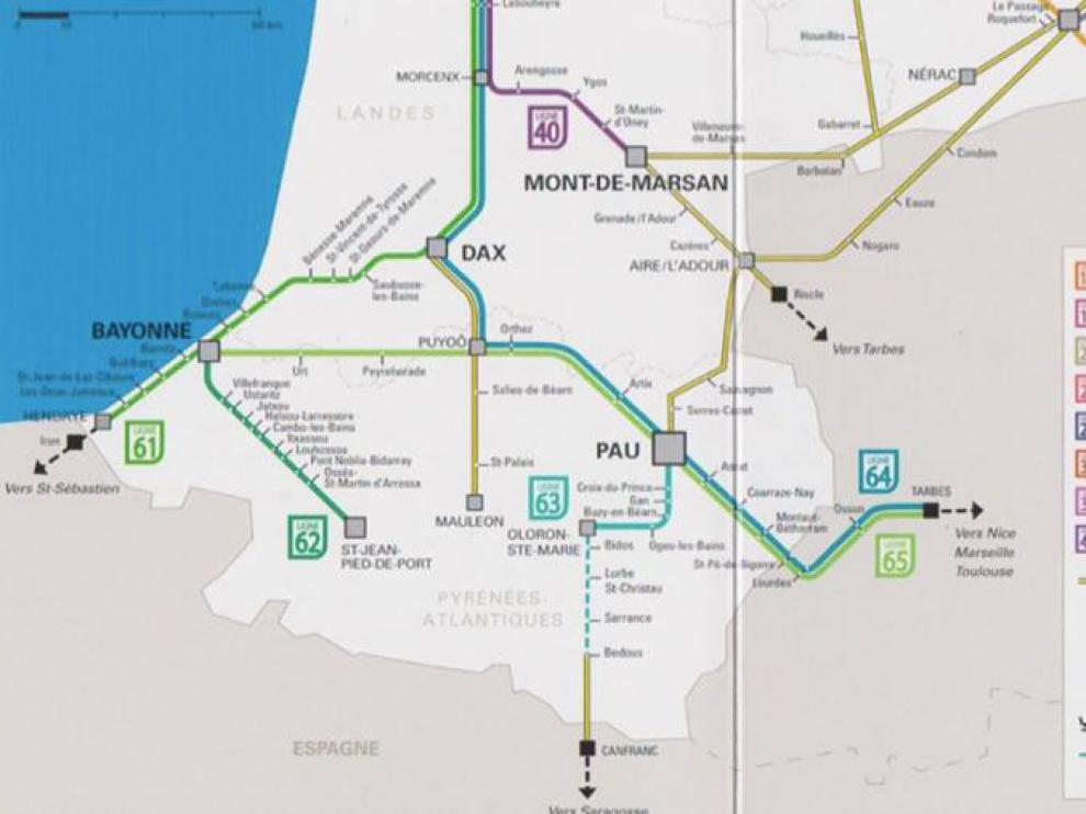 El mapa oficial de los trenes de la gran región Aquitania-Limousin-Poitou-Charentes incluye la inauguración del nuevo tramo Olorón-Bedous en junio de 2016 y la conexión hasta Canfranc, rumbo hacia Zaragoza.