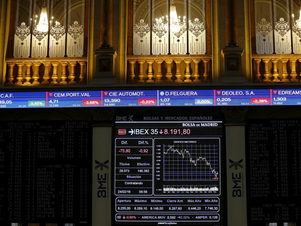 Panel informativo de la Bolsa española, este miércoles.