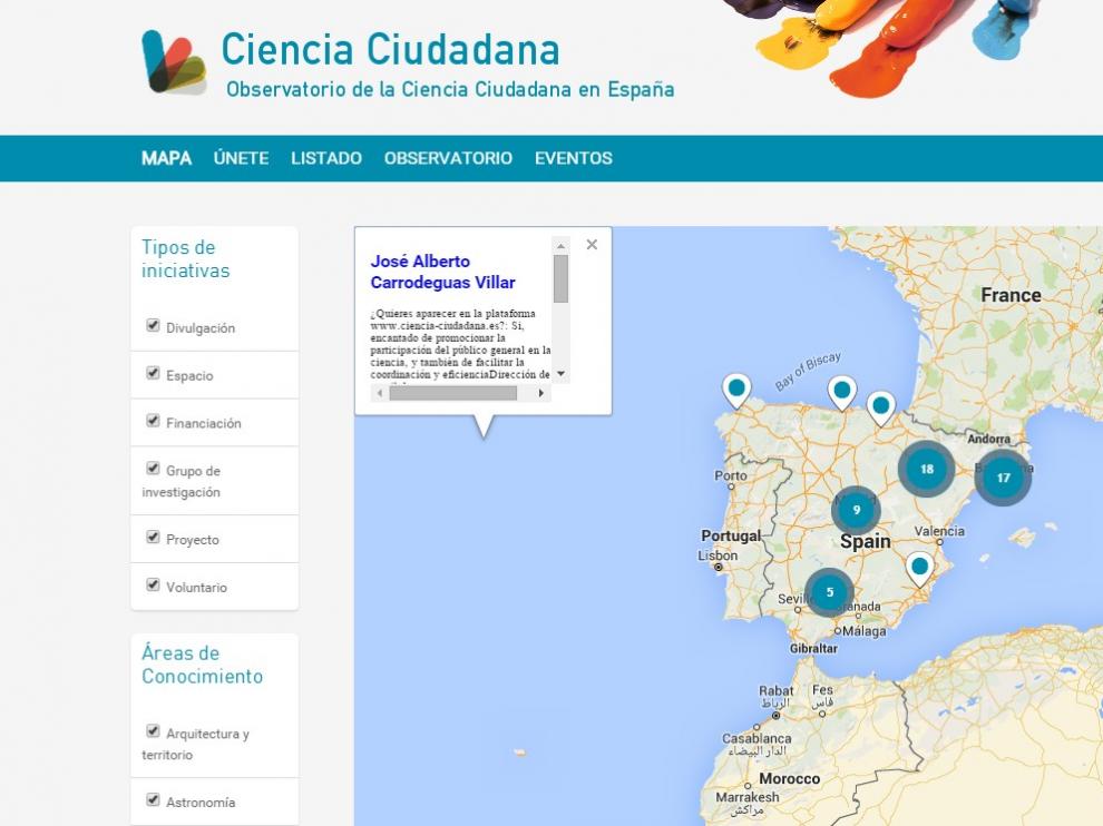 Desde el Observatorio de la Ciencia Ciudadana en España se accede a un mapa en permanente construcción.